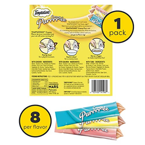 Temptations Creamy Puree with Chicken, Salmon, and Tuna Variety Pack of Lickable, Squeezable Cat Treats, 0.42 oz Pouches, 24 Count - Premium Pet Supplies from Temptations - Just $12.35! Shop now at My Needy Pets