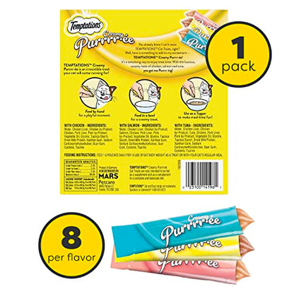 Temptations Creamy Puree with Chicken, Salmon, and Tuna Variety Pack of Lickable, Squeezable Cat Treats, 0.42 oz Pouches, 24 Count - Premium Pet Supplies from Temptations - Just $12.35! Shop now at My Needy Pets