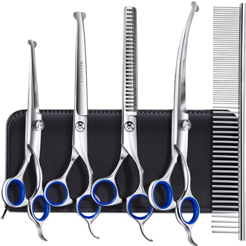 Gimars Titanium Coated Professional 6 in 1 4CR Stainless Steel Dog Grooming Scissors with Safety Round Tip, Heavy Duty Pet Grooming Scissor for Dogs, Cats and Other Animals - Premium Pet Supplies from Gimars - Just $20.12! Shop now at My Needy Pets