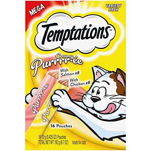 Temptations Creamy Puree with Chicken and Salmon Variety Pack of Lickable, Squeezable Cat Treats, 0.42 Oz Pouches, 16 Count - Premium Pet Supplies from Temptations - Just $8.07! Shop now at My Needy Pets