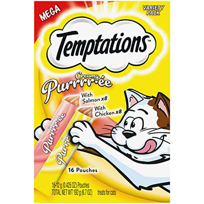 Temptations Creamy Puree with Chicken and Salmon Variety Pack of Lickable, Squeezable Cat Treats, 0.42 Oz Pouches, 16 Count - Premium Pet Supplies from Temptations - Just $8.07! Shop now at My Needy Pets