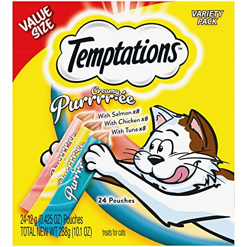 Temptations Creamy Puree with Chicken, Salmon, and Tuna Variety Pack of Lickable, Squeezable Cat Treats, 0.42 oz Pouches, 24 Count - Premium Pet Supplies from Temptations - Just $12.35! Shop now at My Needy Pets